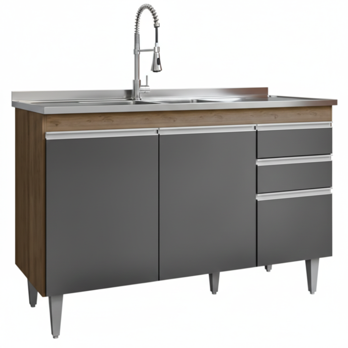 Balcao Para Pia 3 Portas 2 Gavetas Melissa 120 cm Freijo Grafite Eratto Moveis