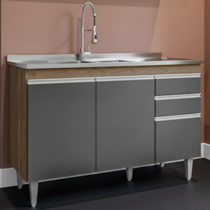 Balcao Para Pia 3 Portas 2 Gavetas Melissa 120 cm Freijo Grafite Eratto Moveis