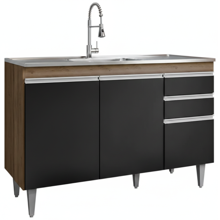 Balcao Para Pia 3 Portas 2 Gavetas Melissa 120 cm Freijo Preto Eratto Moveis