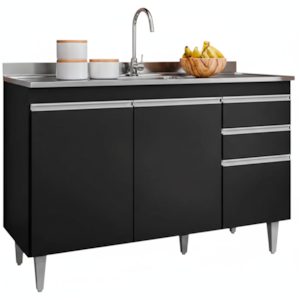 Balcao Para Pia 3 Portas 2 Gavetas Melissa 120 cm Preto Eratto Moveis