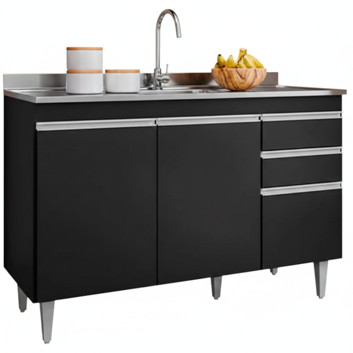 Balcao Para Pia 3 Portas 2 Gavetas Melissa 120 cm Preto Eratto Moveis