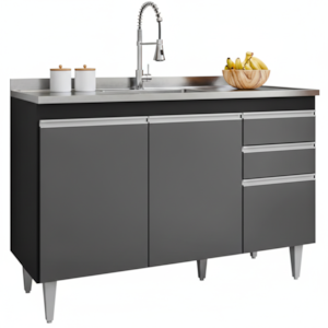 Balcao Para Pia 3 Portas 2 Gavetas Melissa 120 cm Preto Grafite Eratto Moveis