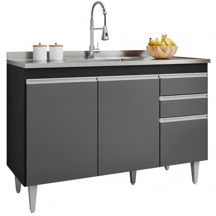 Balcao Para Pia 3 Portas 2 Gavetas Melissa 120 cm Preto Grafite Eratto Moveis