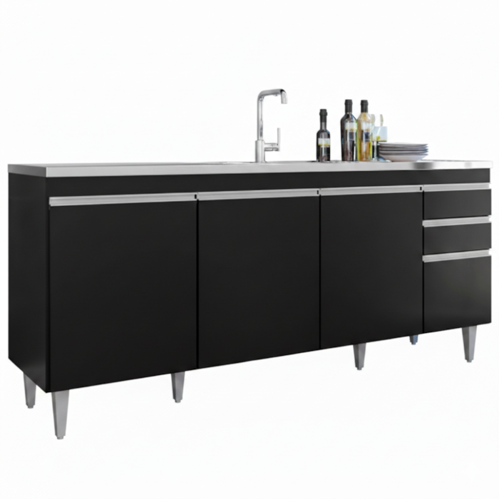 Balcao Para Pia 4 Portas 2 Gavetas 180 cm BP Agatha Eratto Moveis Preto