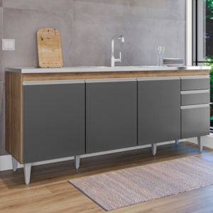 Balcao Para Pia 4 Portas 2 Gavetas 180 cm BP Agatha Freijo Grafite Eratto Moveis