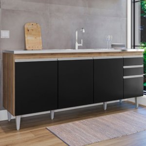 Balcao Para Pia 4 Portas 2 Gavetas 180 cm BP Agatha Freijo Preto Eratto Moveis