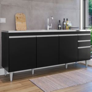Balcao Para Pia 4 Portas 2 Gavetas 180 cm BP Agatha Preto Eratto Moveis