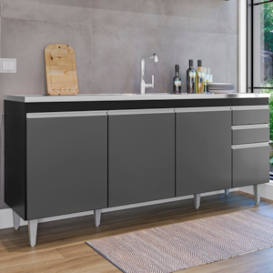 Balcao Para Pia 4 Portas 2 Gavetas 180 cm BP Agatha Preto Grafite Eratto Moveis