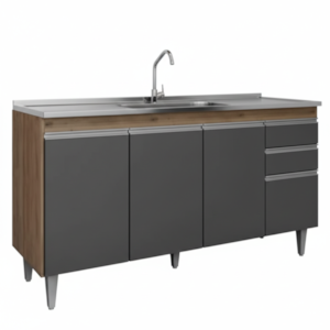 Balcao Para Pia 4 Portas 2 Gavetas BP 150 cm Ayla Freijo Grafite Eratto Moveis