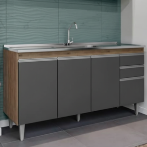 Balcao Para Pia 4 Portas 2 Gavetas BP 150 cm Ayla Freijo Grafite Eratto Moveis