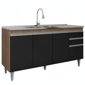 Balcao Para Pia 4 Portas 2 Gavetas BP 150 cm Ayla Freijo Preto Eratto Moveis