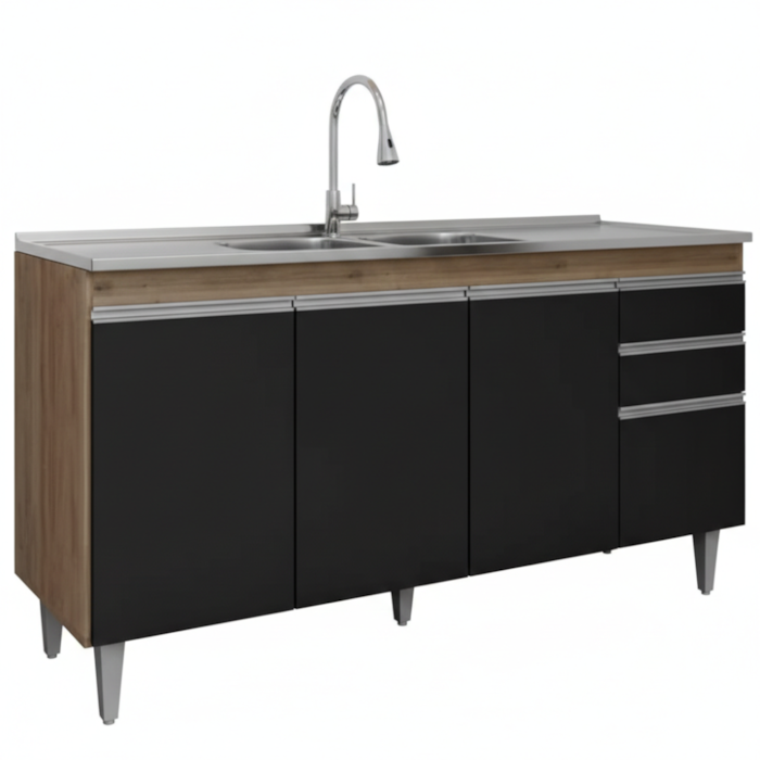 Balcao Para Pia 4 Portas 2 Gavetas BP 150 cm Ayla Freijo Preto Eratto Moveis
