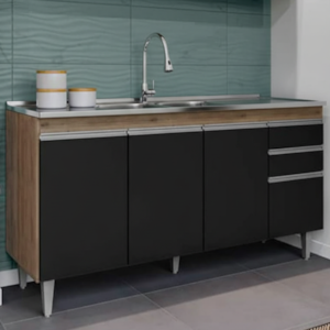 Balcao Para Pia 4 Portas 2 Gavetas BP 150 cm Ayla Freijo Preto Eratto Moveis