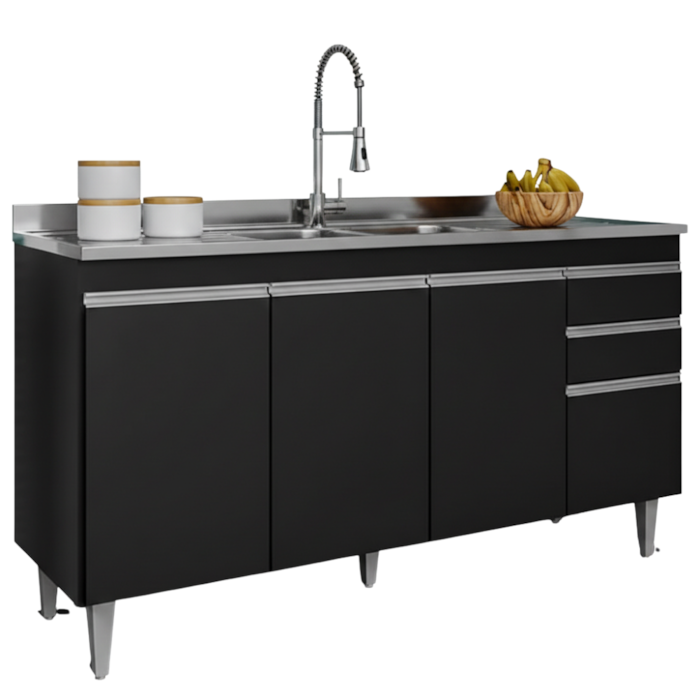 Balcao Para Pia 4 Portas 2 Gavetas BP 150 cm Ayla Preto Eratto Moveis
