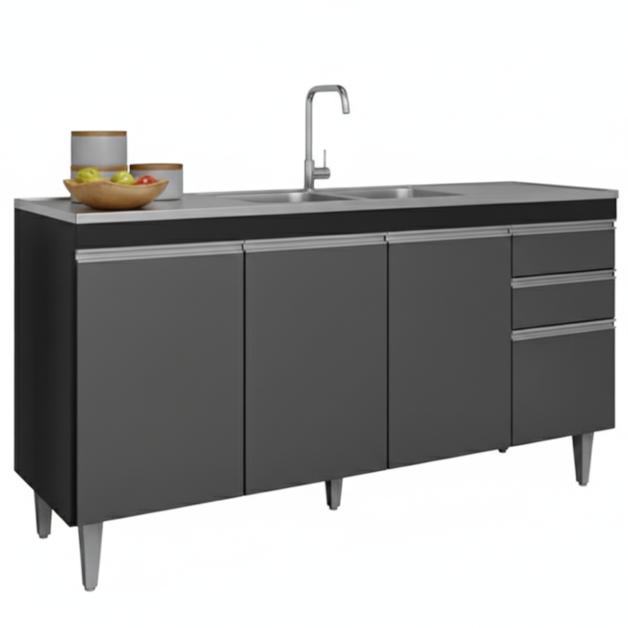Balcao Para Pia 4 Portas 2 Gavetas BP 150 cm Ayla Preto Grafite Eratto Moveis