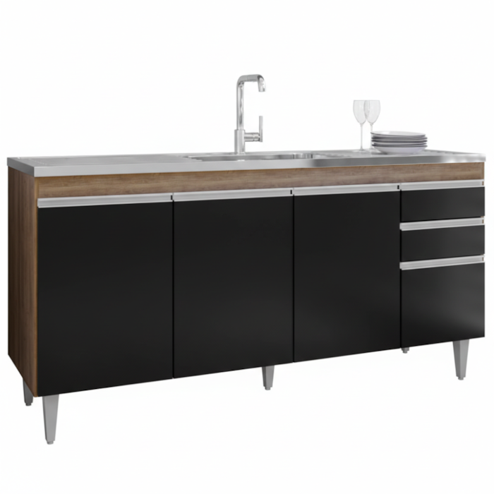 Balcao Para Pia 4 Portas 2 Gavetas BP 160 cm Lorena Freijo Preto Eratto Moveis