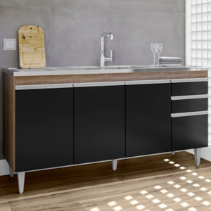 Balcao Para Pia 4 Portas 2 Gavetas BP 160 cm Lorena Freijo Preto Eratto Moveis