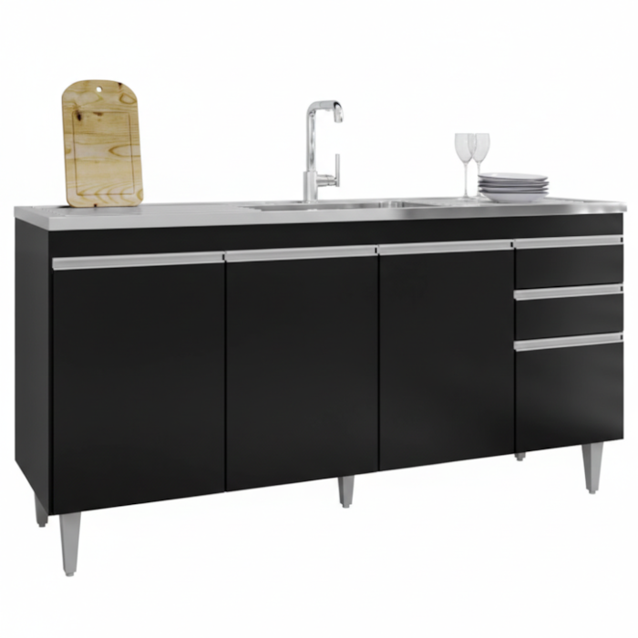 Balcao Para Pia 4 Portas 2 Gavetas BP 160 cm Lorena Preto Eratto Moveis