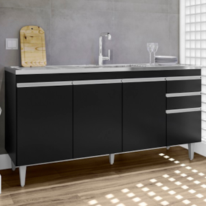 Balcao Para Pia 4 Portas 2 Gavetas BP 160 cm Lorena Preto Eratto Moveis