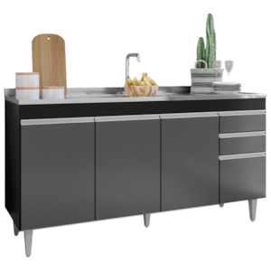 Balcao Para Pia 4 Portas 2 Gavetas BP 160 cm Lorena Preto Grafite Eratto Moveis