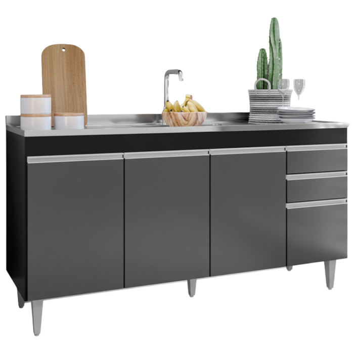 Balcao Para Pia 4 Portas 2 Gavetas BP 160 cm Lorena Preto Grafite Eratto Moveis