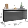 Balcao Para Pia 4 Portas 2 Gavetas BP 160 cm Lorena Preto Grafite Eratto Moveis