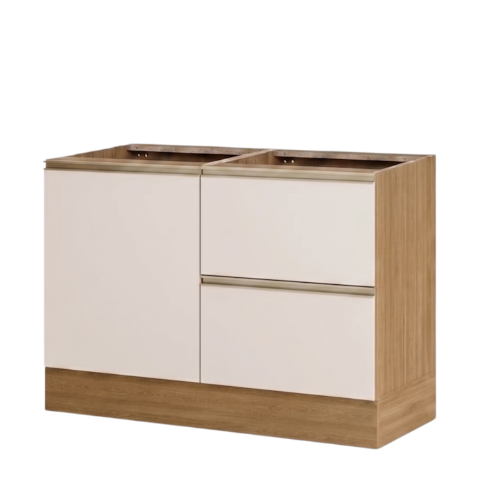 Balcao Para Pia Deslocada Sem Tampo 120 cm 1 Porta 3 Gavetas Etna Carvalho Oak Off White POLIMAN