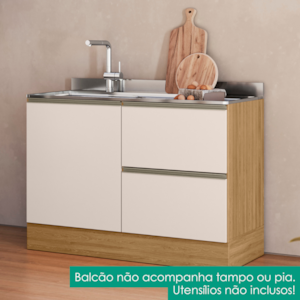 Balcao Para Pia Deslocada Sem Tampo 120 cm 1 Porta 3 Gavetas Etna Carvalho Oak Off White POLIMAN