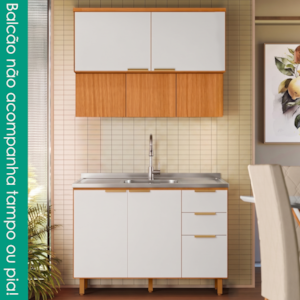 Balcao Para Pia E Armario Aereo 120 cm MDF Bari Freijo Off Acetinado POLIMAN