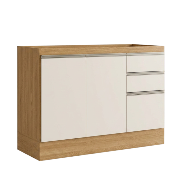 Balcao Para Pia Sem Tampo 120 cm 3 Portas 2 Gavetas Etna Carvalho Oak Off White POLIMAN
