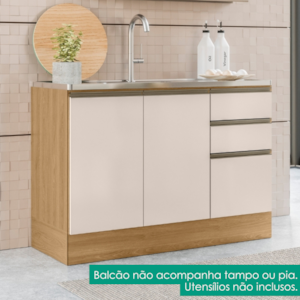 Balcao Para Pia Sem Tampo 120 cm 3 Portas 2 Gavetas Etna Carvalho Oak Off White POLIMAN