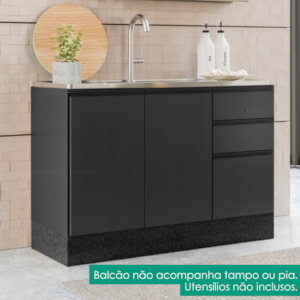 Balcao Para Pia Sem Tampo 120 cm 3 Portas 2 Gavetas Etna Grafite POLIMAN