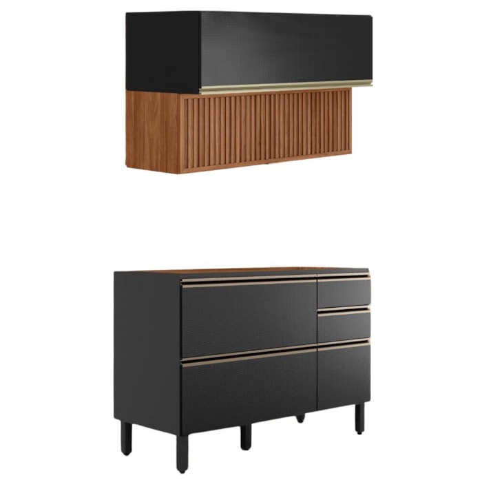 Balcao Pia e Armario Aereo 120 cm Ripado Proenca Nogueira Carbono Prime Demartez