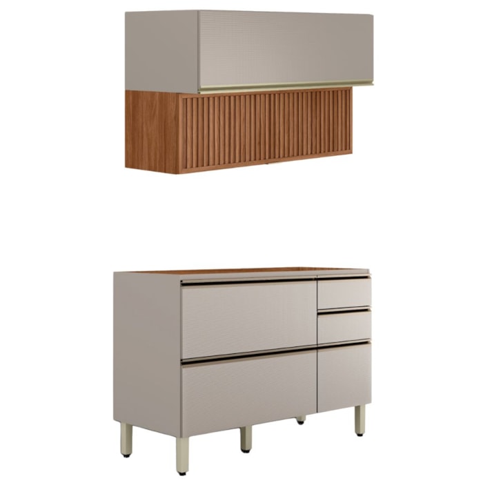 Balcao Pia e Armario Aereo 120 cm Ripado Proenca Nogueira Nude Prime Demartez