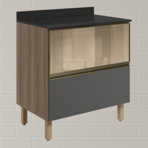 Balcao Tampo 2G Vidro 80cm MDF Kali 16415 Carvalho Toq Chumbo Nicioli