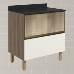 Balcao Tampo 2G Vidro 80cm MDF Kali 16415 Carvalho Toq Off White Cetim Nicioli