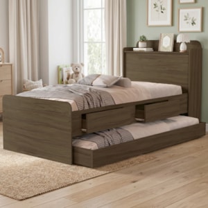 Bicama Solteiro 2 Gavetas 220X98 cm Com Bau E Cama Auxiliar MDF Castanho Decmade