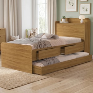 Bicama Solteiro 2 Gavetas 220X98 cm Com Bau E Cama Auxiliar MDF Nature Decmade