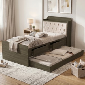 Bicama Solteiro Capitone 220X98 cm Com Bau E Cama Auxiliar MDF Castanho Bege Decmade