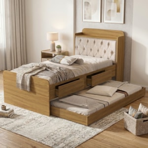 Bicama Solteiro Capitone 220X98 cm Com Bau E Cama Auxiliar MDF Nature Bege Decmade