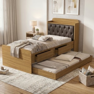 Bicama Solteiro Capitone 220X98 cm Com Bau E Cama Auxiliar MDF Nature Nogal Decmade