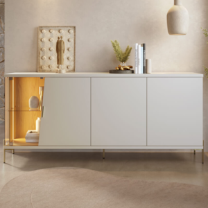 Buffet Aparador Com Led 4 Portas 173 cm Sena Pes Metal Off White Matte Freijo CLB