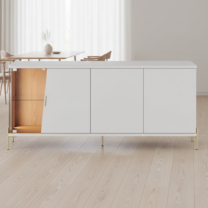 Buffet Aparador Com Led 4 Portas 173 cm Sena Pes Metal Off White Matte Freijo CLB