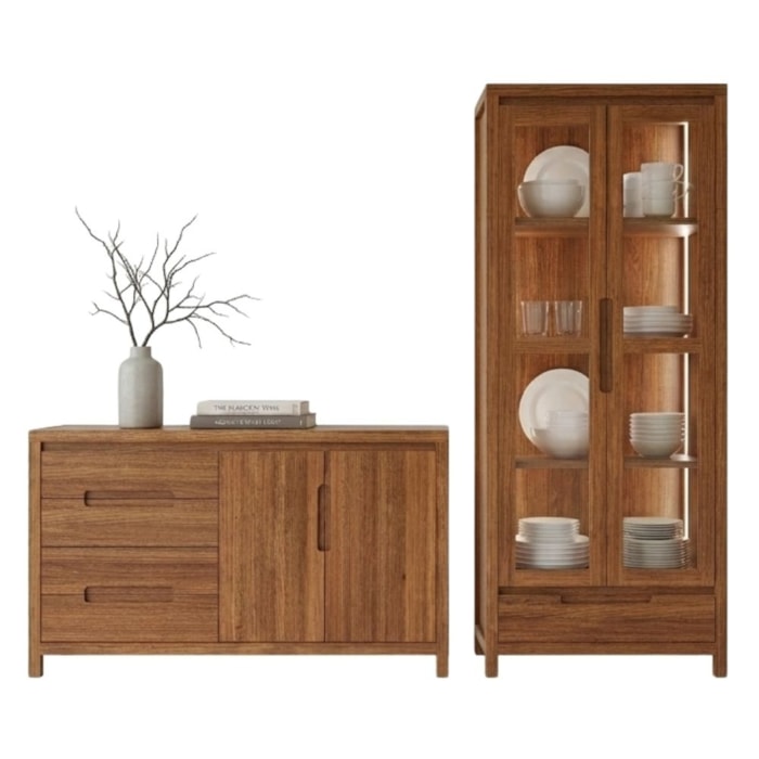 Buffet Balcao 1553N e Cristaleira 1554N Madeira Macica Taeda Rustico Escuro Festra