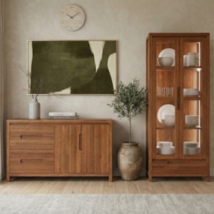 Buffet Balcao 1553N e Cristaleira 1554N Madeira Macica Taeda Rustico Escuro Festra