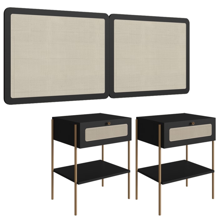 Cabeceira Casal e 2 Mesas Cabeceira Palinha 28977 Nero Dourado Artesano