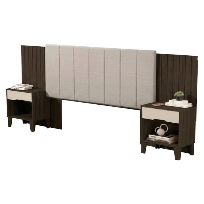 Cabeceira Casal Queen Com 2 Mesas Laterais MDF Elena Chocolate Off Decmade