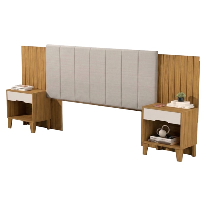 Cabeceira Casal Queen Com 2 Mesas Laterais MDF Elena Nature Off Decmade