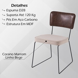 Cadeira Decorativa Pes Preto F53X1 Linho Bege Corano Marrom Dmobiliario