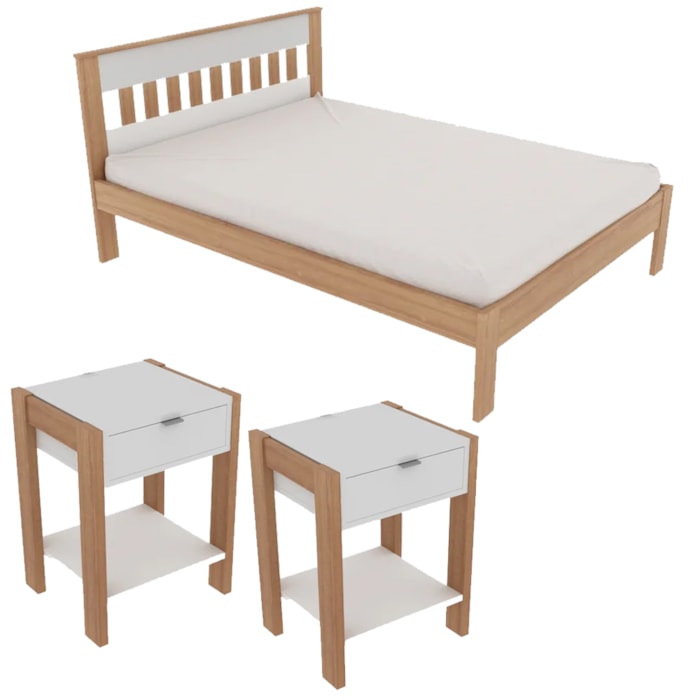 Cama Casal CM8007 E 02 Mesas De Cabeceira AZ1016 QT6 Amendoa Branco Tecno Mobili